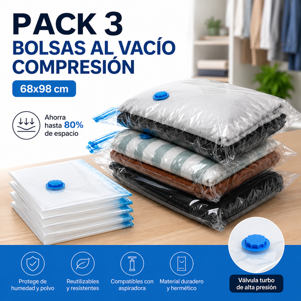Pack 3 Bolsas al Vacío Compresión 68x98 cm — Ahorra 80% Espacio