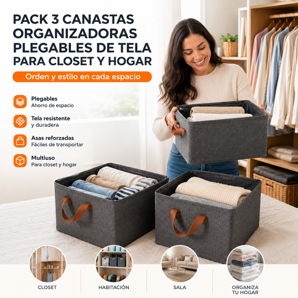 Pack 3 Canastas Organizadoras Plegables de Tela para Closet